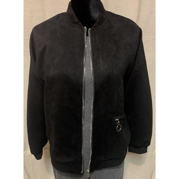 CBR Bomber Jacket Womens Medium Faux Suede Black Zip Front Rockabilly 50's Coat - Picture 8 of 13